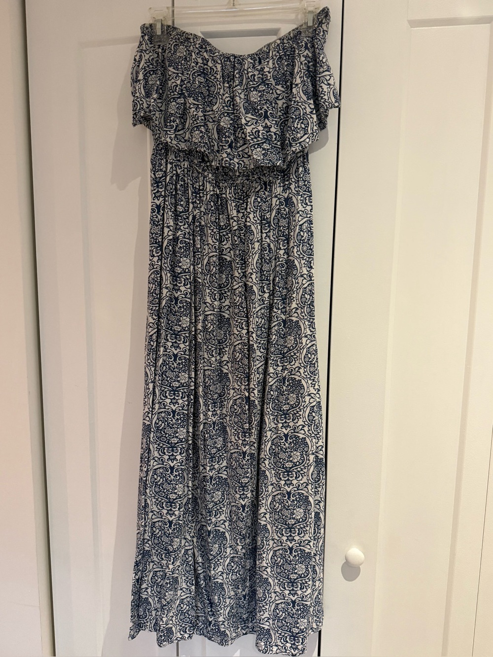 Amazon Blue and White Off-Shoulder Maxi Dress